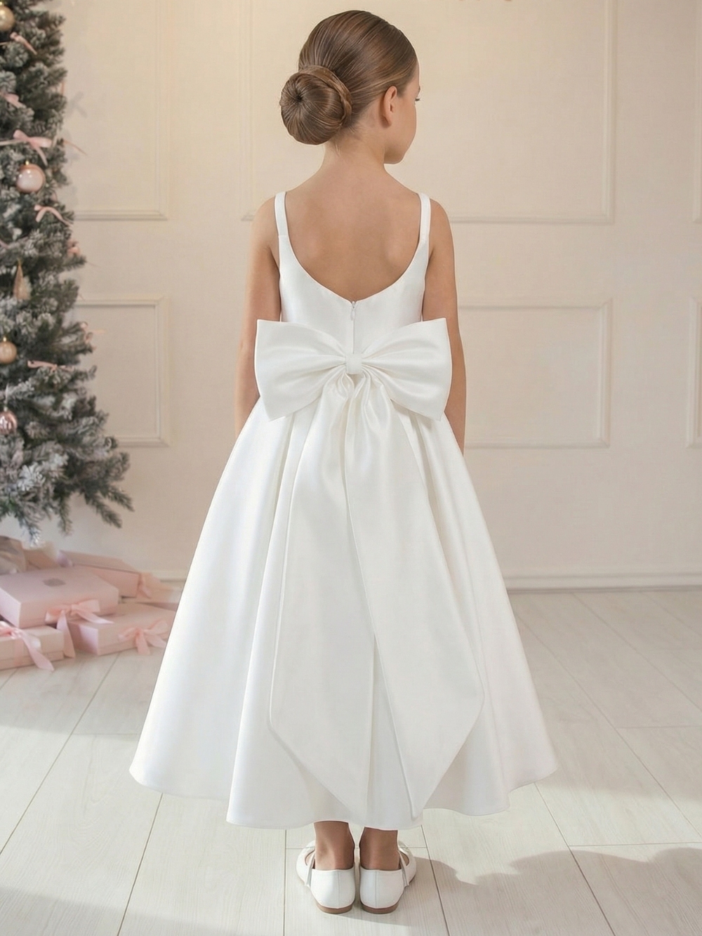 Satin flower girl dress - back by AVEYA